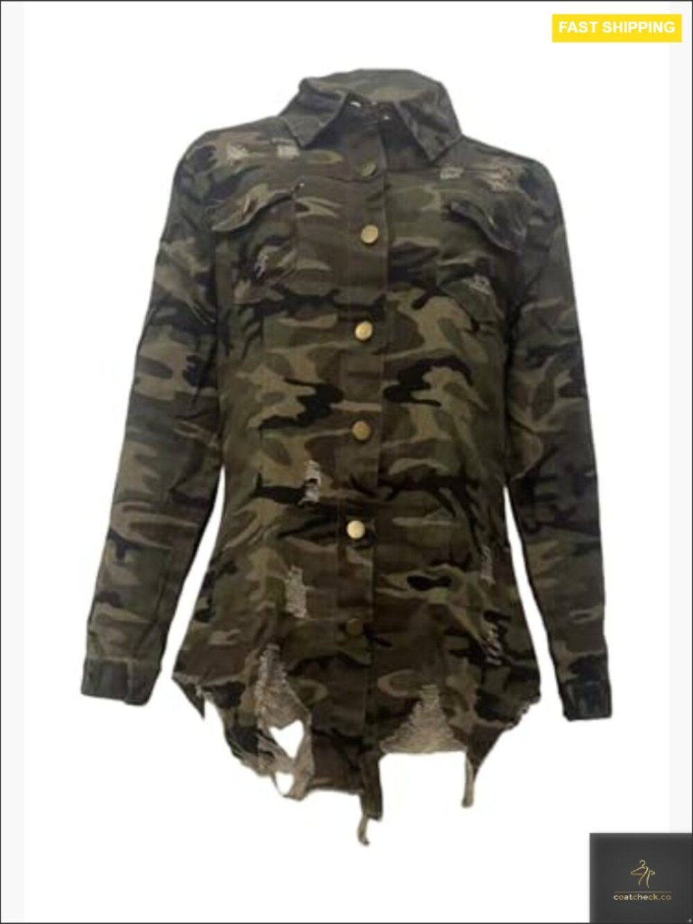 Women's Ripped Camo Jacket Casual Army Fatigue Button Down Utility Coat Plus - Picture 5 of 6